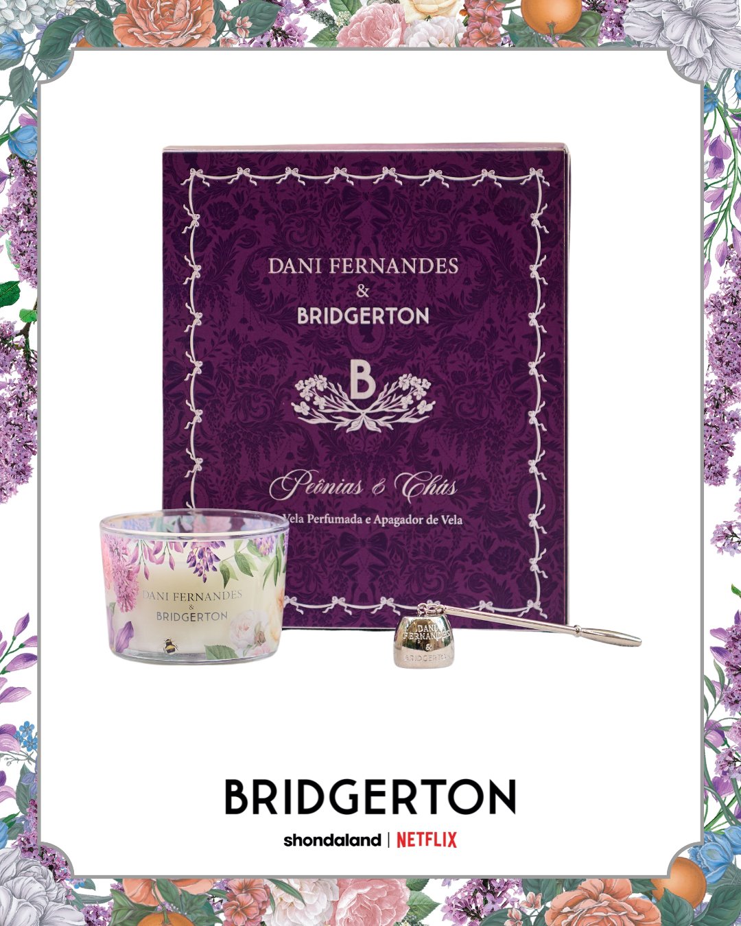 Kit Vela Perfumada e Apagador Dani fernandes Peônias e Chás 90gr